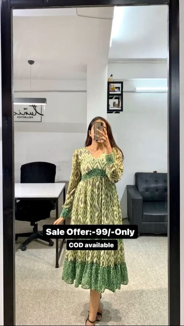 Green Color Printed Long Knee Length Dress