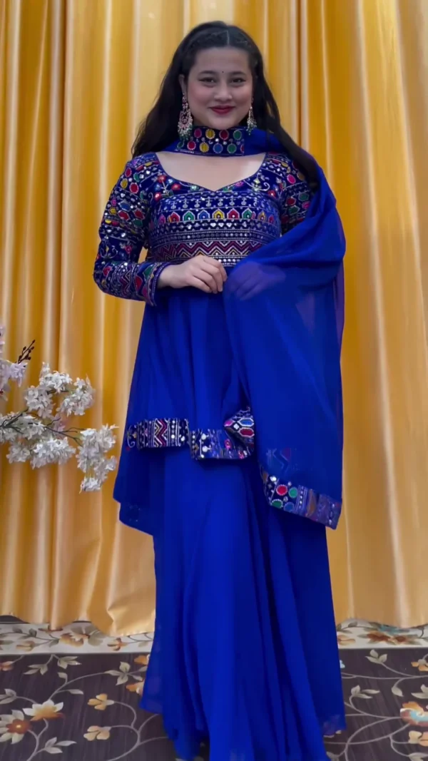 Royal Blue Top Palazzo Set With Dupatta in Georgette with Embroidery Trending Dress - Image 2