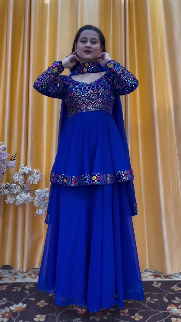 Royal Blue Top Palazzo Set With Dupatta in Georgette with Embroidery Trending Dress - Image 3