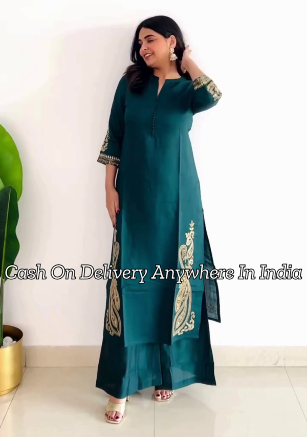 Green Ethnic Motifs Embroidered Regular Jashn Kurta with Palazzos & Dupatta - Image 2