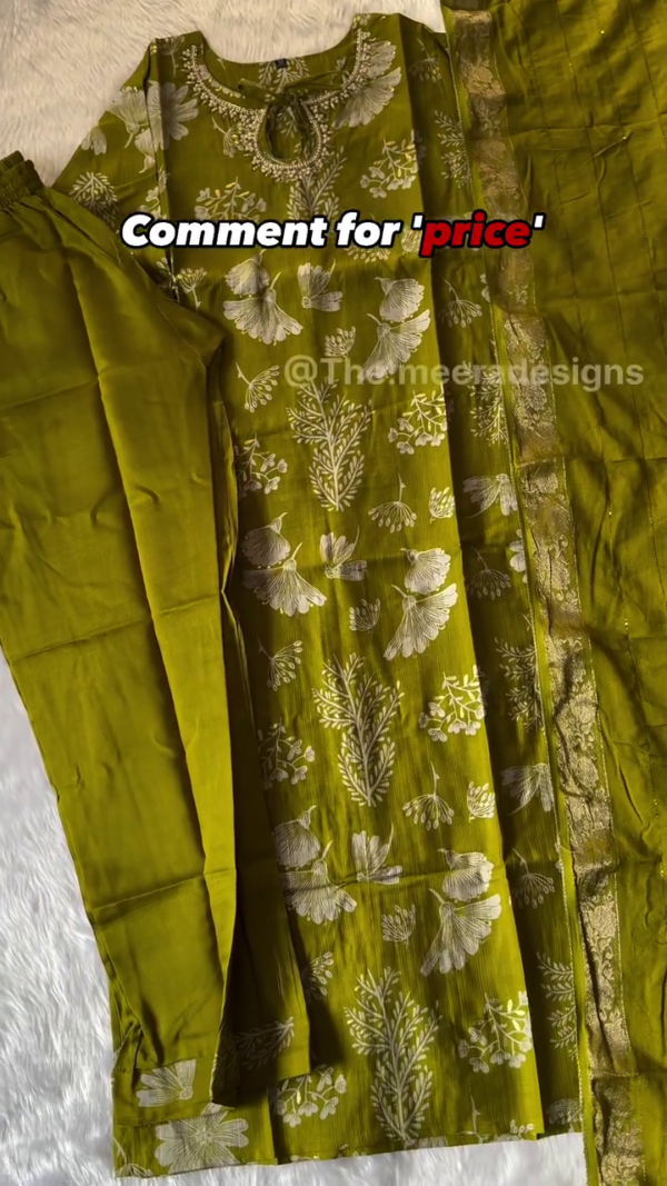 Women Floral Printed Regular Thread Work Kurta with Trousers & With Dupatta - Image 2