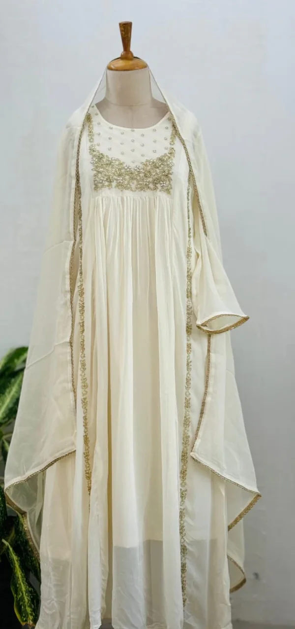 Mul Chanderi Handwork Anarkali Kurti Set – Regal Elegance - White Color - Image 2