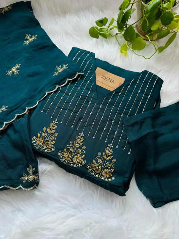 Mul Chanderi Handwork Anarkali Kurti Set – Regal Elegance - peacock blue Color