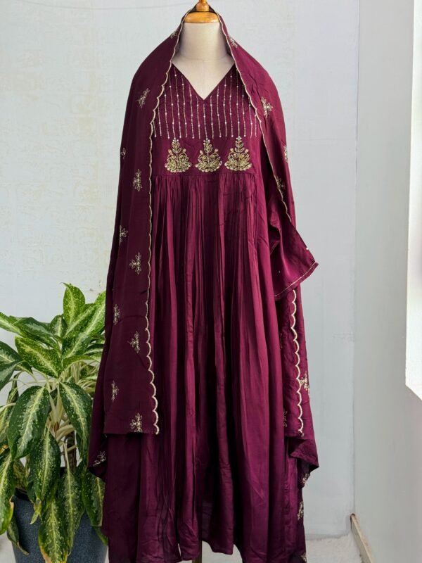 Mul Chanderi Handwork Anarkali Kurti Set – Regal Elegance - Mouse Color - Image 2