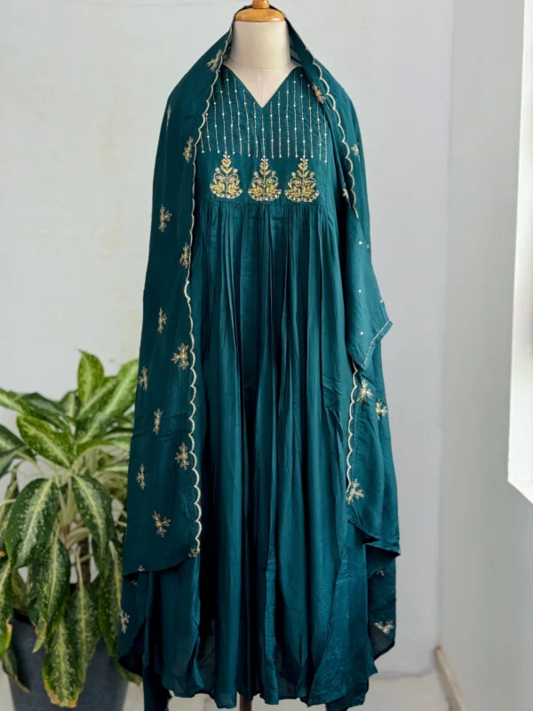 Mul Chanderi Handwork Anarkali Kurti Set – Regal Elegance - peacock blue Color - Image 2