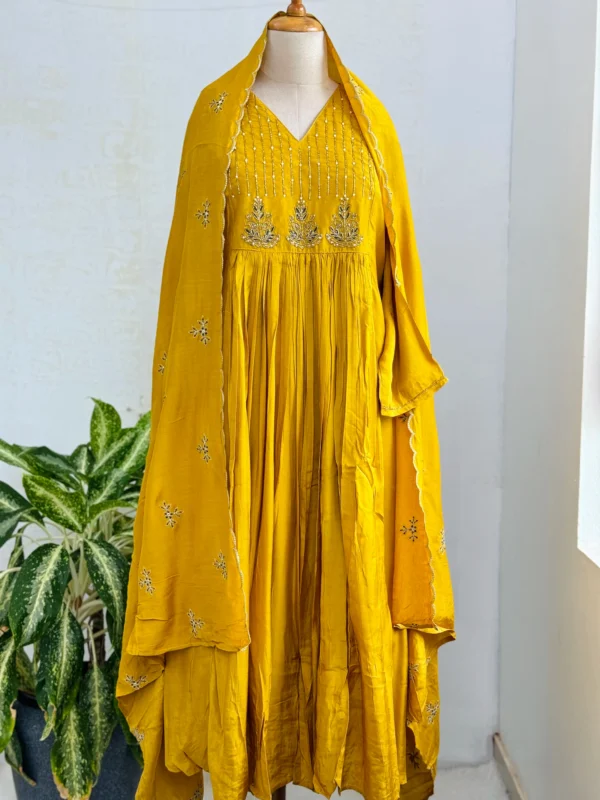 Mul Chanderi Handwork Anarkali Kurti Set – Regal Elegance - Yellow Color - Image 2
