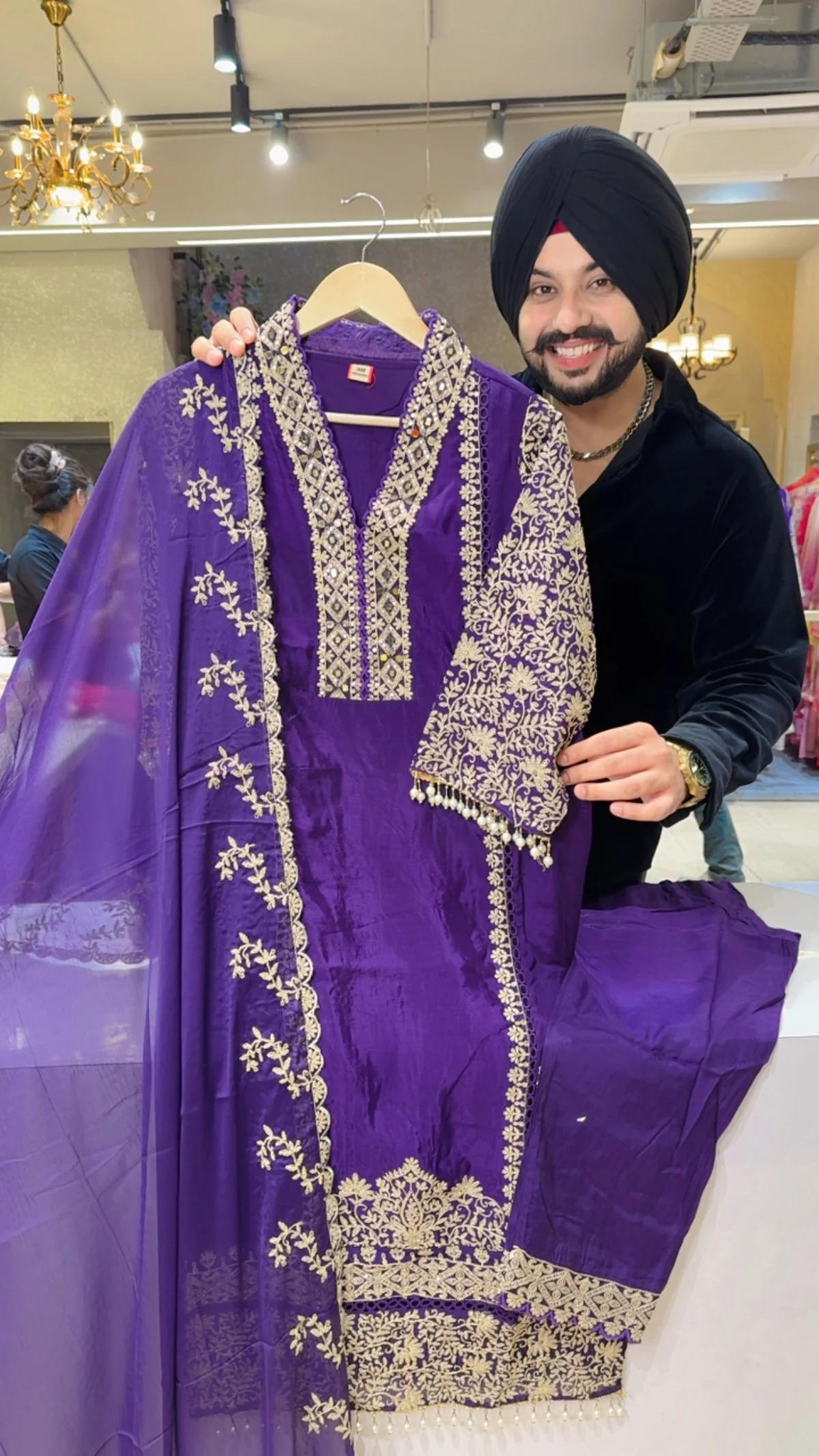 Dark Purple Chinon Heavy embroidered & Pearl Work Straight Suit with Beautiful Duppata - Image 10