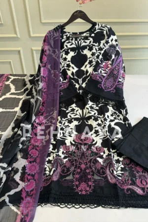 Embroidered Lawn Suit with Printed Dupatta-Chiffon/Cotton-Black