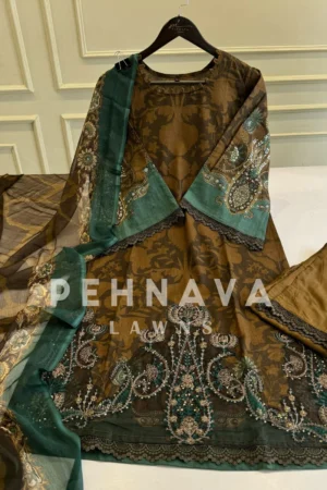 Embroidered Lawn Suit with Printed Dupatta-Chiffon/Cotton
