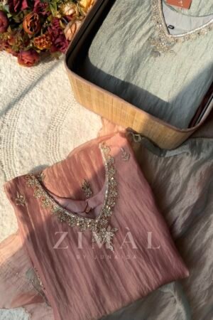 Crushed tissue silk hand work straight cut top with crushed tissue palazzo bottom and scalloped tissue dupatta.