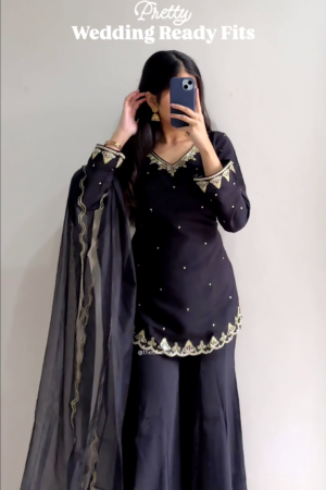 Women’s Black Viscose Chanderi Embroidered Ethnic Straight Kurta Set with Dupatta