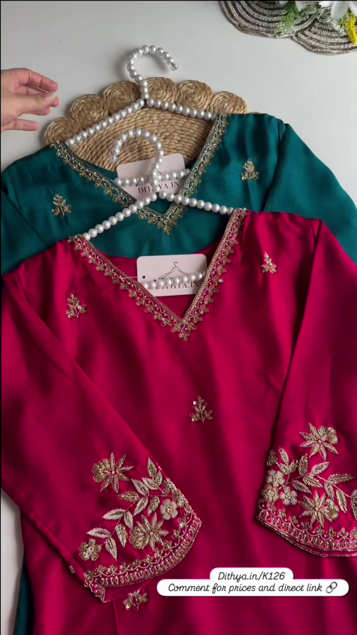 Floral Yoke Design Beads Work Pure Silk Kurta With Pyjama & Dupatta Red