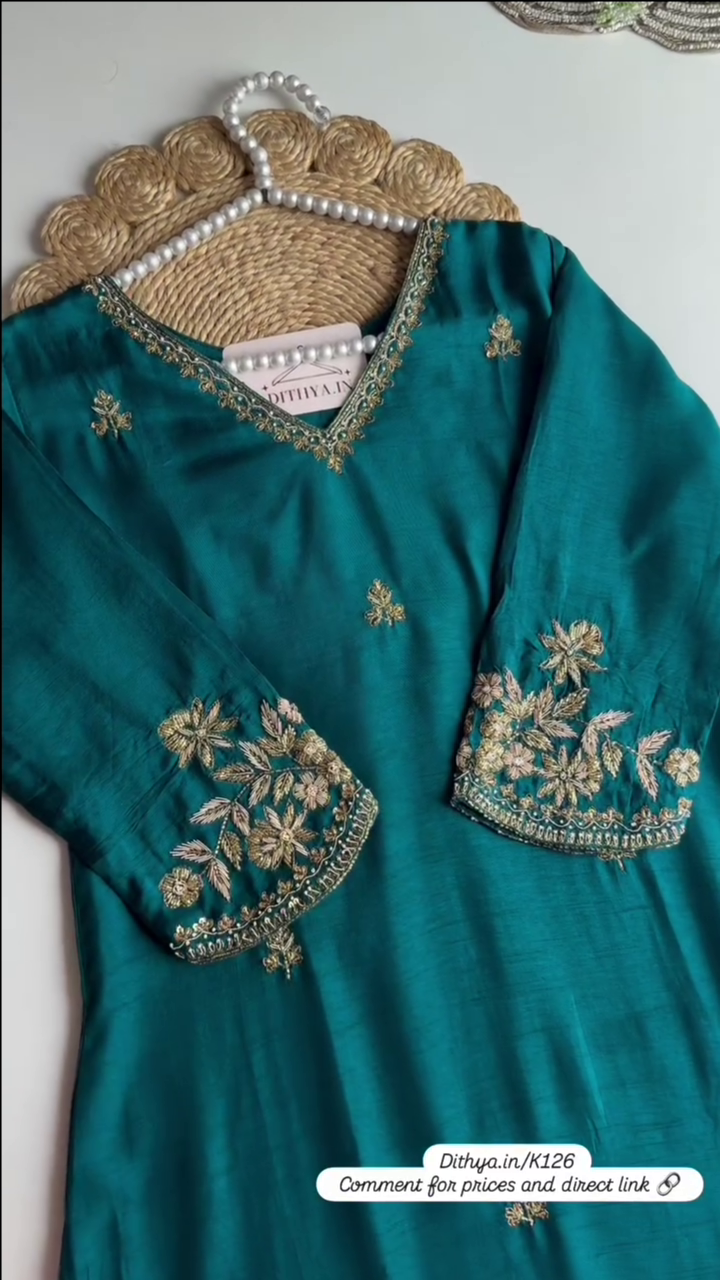 Floral Yoke Design Beads Work Pure Silk Kurta With Pyjama & Dupatta Green