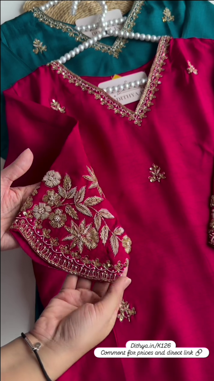 Floral Yoke Design Beads Work Pure Silk Kurta With Pyjama & Dupatta Red - Image 2