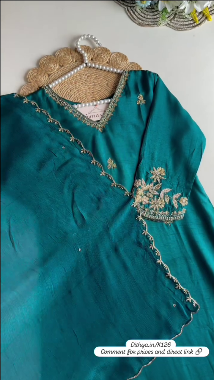 Floral Yoke Design Beads Work Pure Silk Kurta With Pyjama & Dupatta Green - Image 3