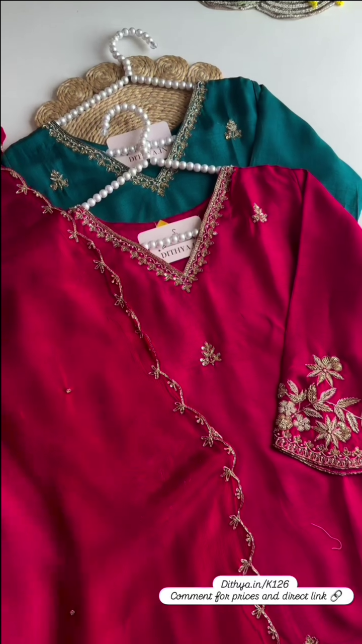 Floral Yoke Design Beads Work Pure Silk Kurta With Pyjama & Dupatta Red - Image 3