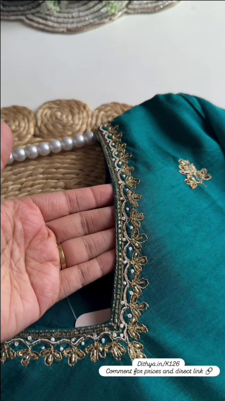 Floral Yoke Design Beads Work Pure Silk Kurta With Pyjama & Dupatta Green - Image 4