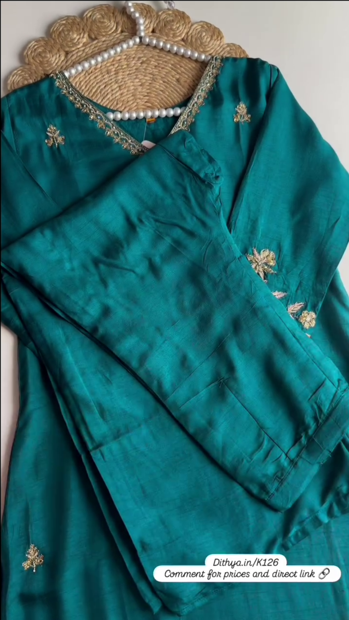 Floral Yoke Design Beads Work Pure Silk Kurta With Pyjama & Dupatta Green - Image 5