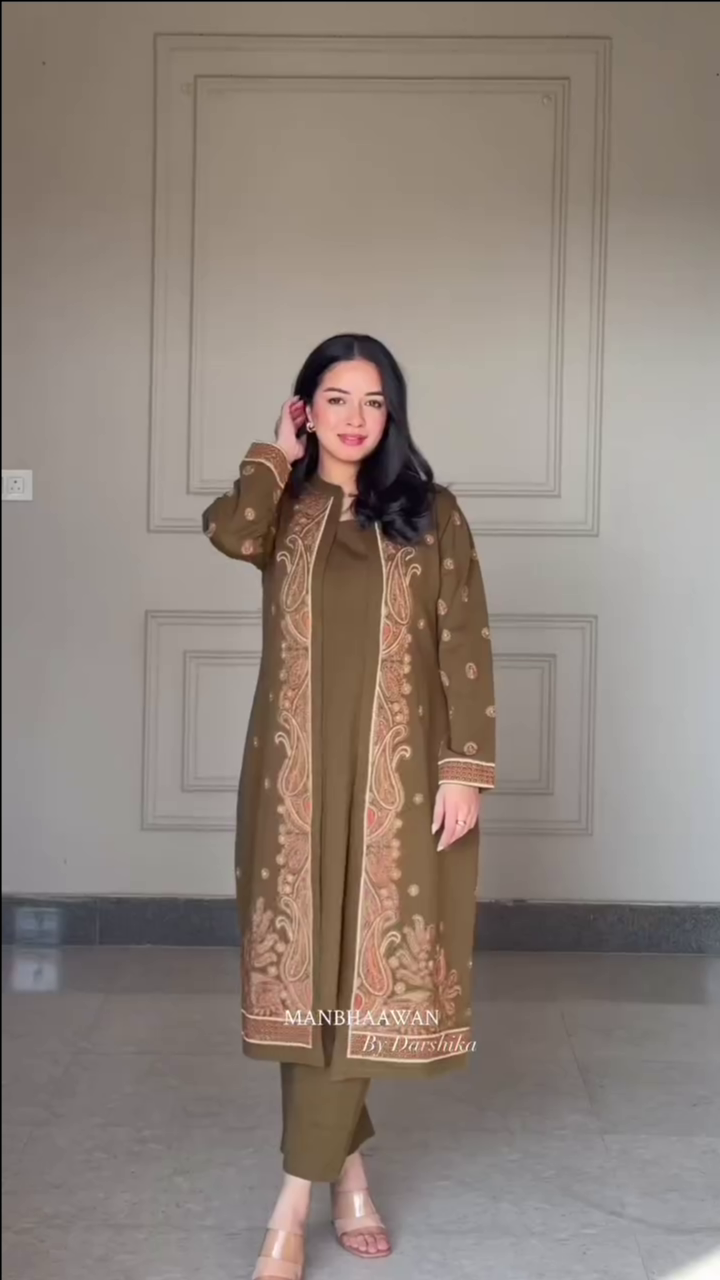 Regal Olive Paisley Embroidered Jacket Set - Image 3