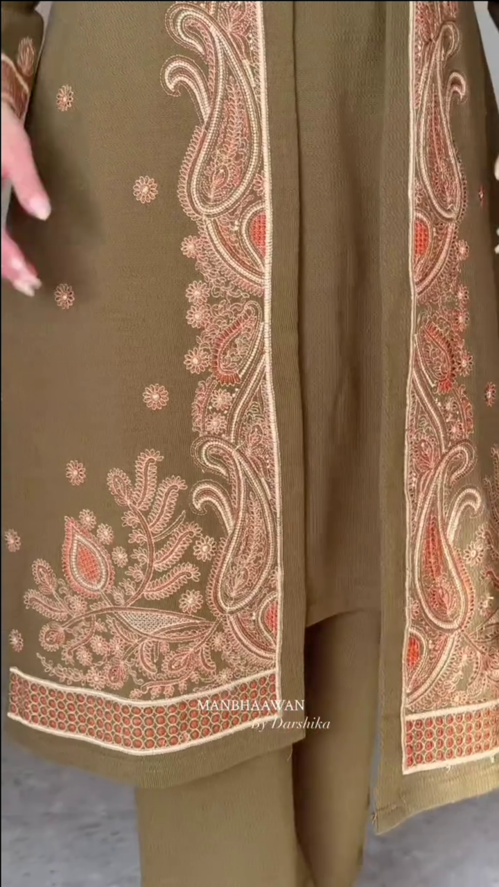 Regal Olive Paisley Embroidered Jacket Set - Image 5