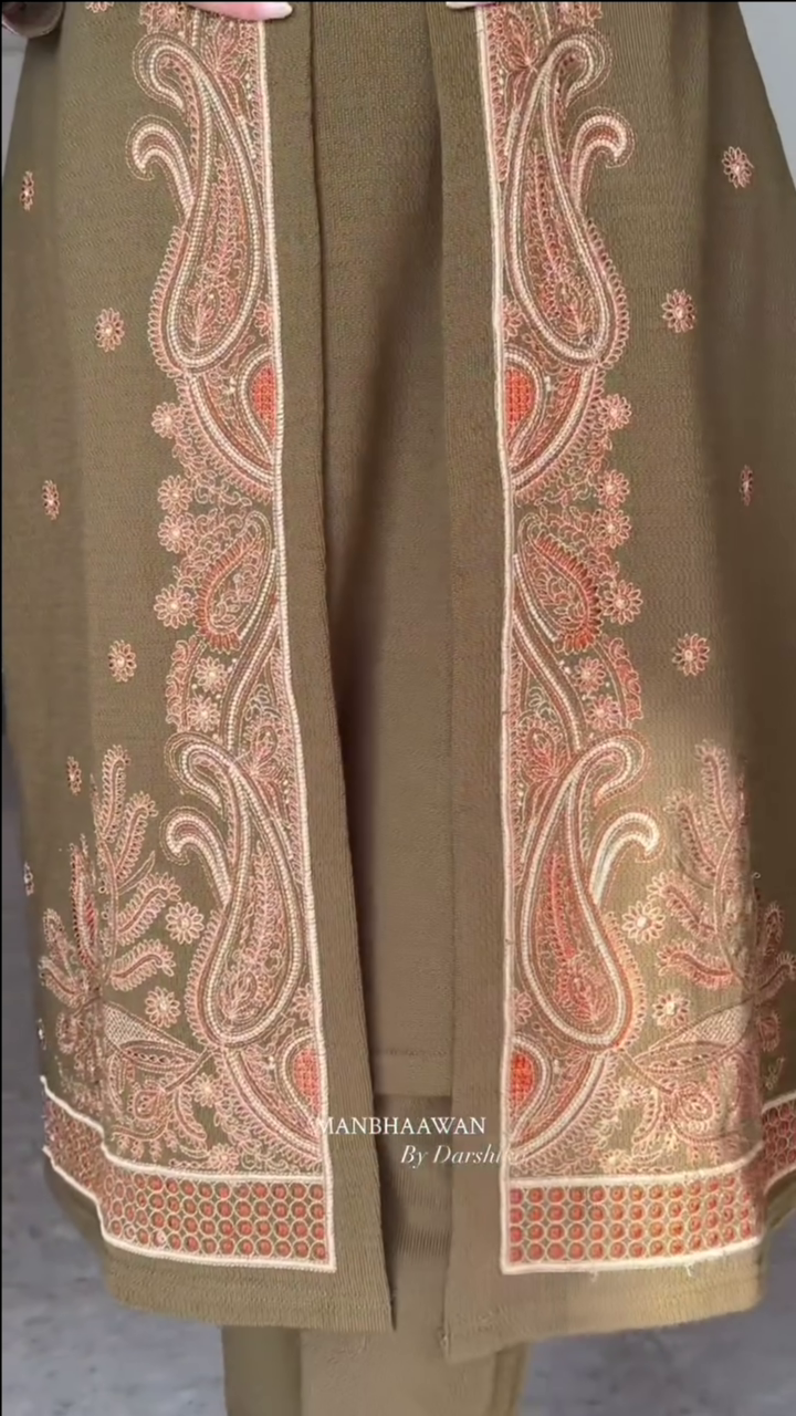 Regal Olive Paisley Embroidered Jacket Set - Image 6