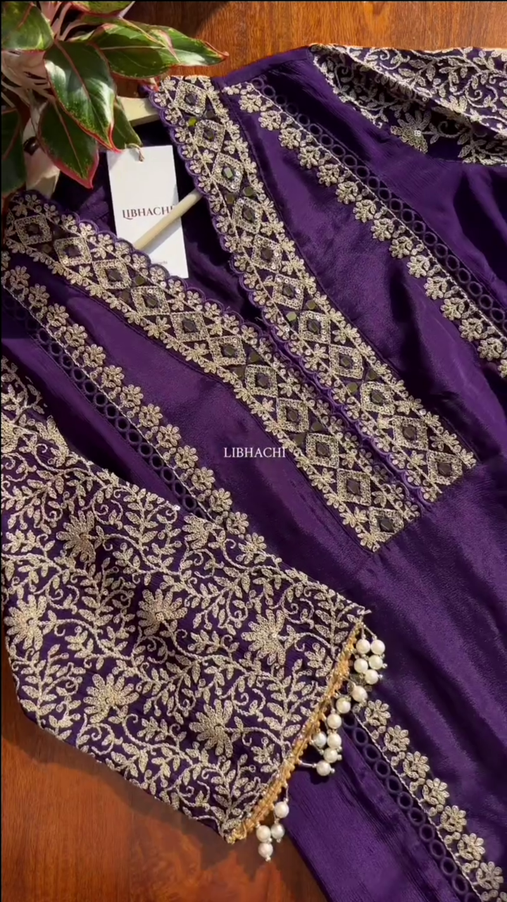 Dark Purple Chinon Heavy embroidered & Pearl Work Straight Suit with Beautiful Duppata
