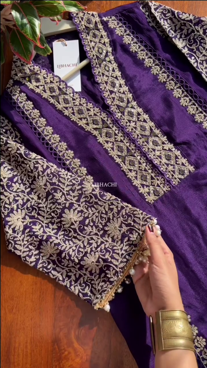 Dark Purple Chinon Heavy embroidered & Pearl Work Straight Suit with Beautiful Duppata - Image 2
