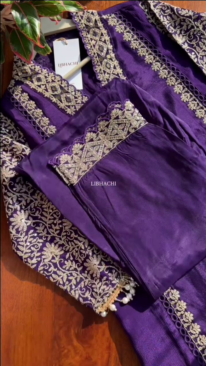 Dark Purple Chinon Heavy embroidered & Pearl Work Straight Suit with Beautiful Duppata - Image 3