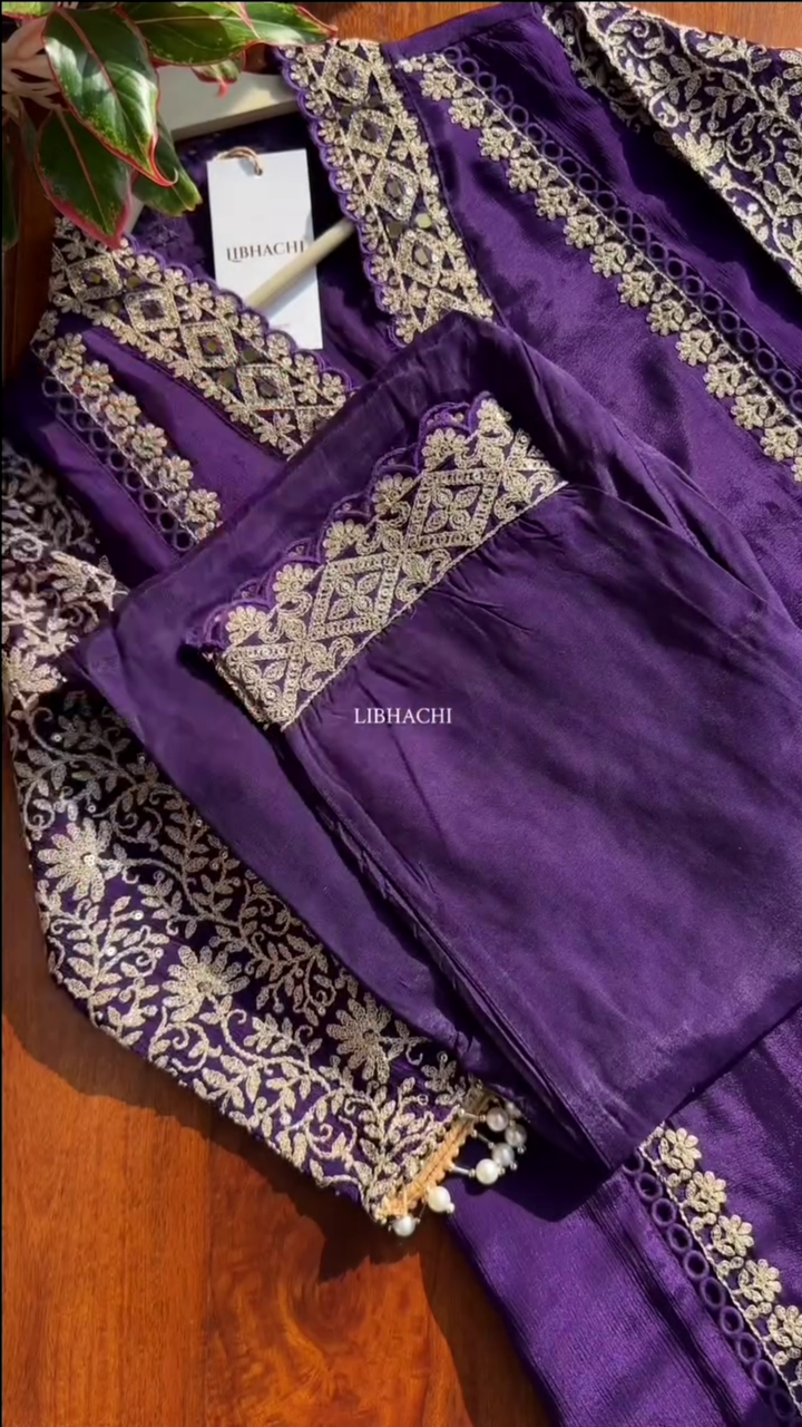 Dark Purple Chinon Heavy embroidered & Pearl Work Straight Suit with Beautiful Duppata - Image 4