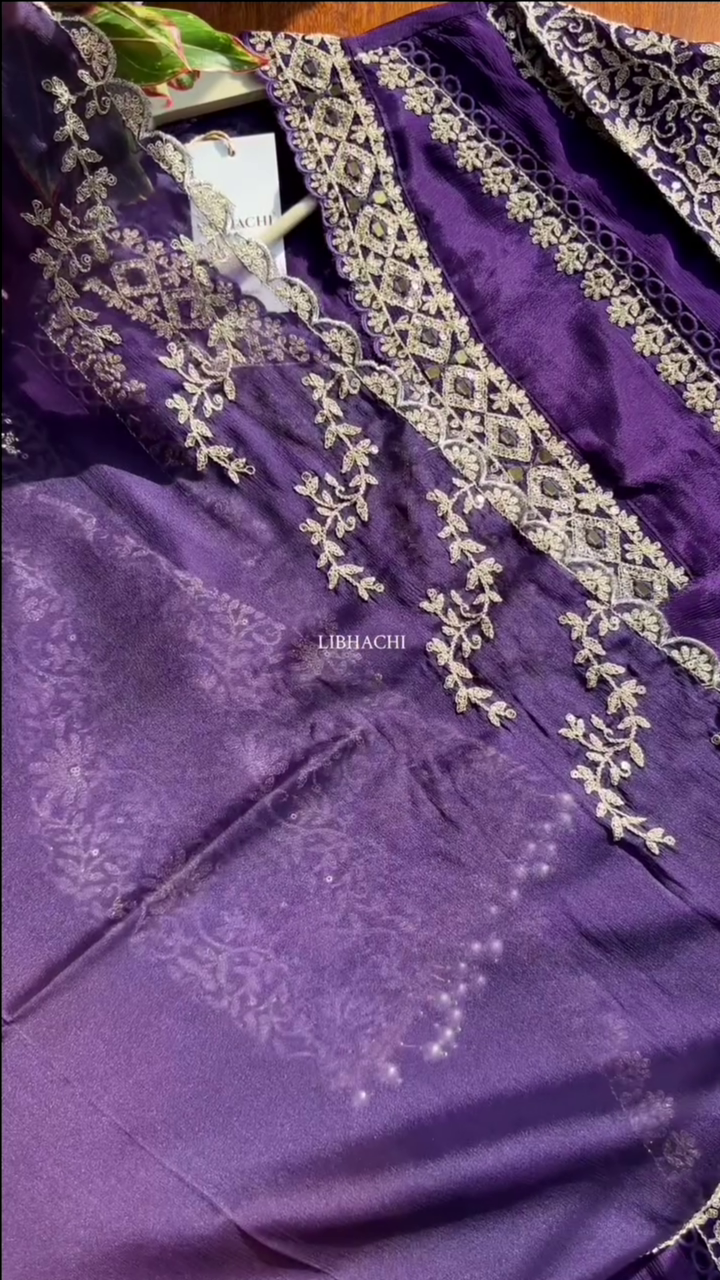 Dark Purple Chinon Heavy embroidered & Pearl Work Straight Suit with Beautiful Duppata - Image 5