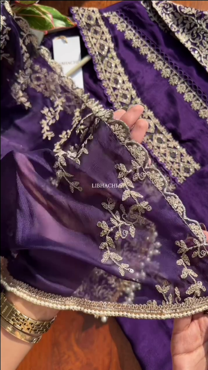 Dark Purple Chinon Heavy embroidered & Pearl Work Straight Suit with Beautiful Duppata - Image 6