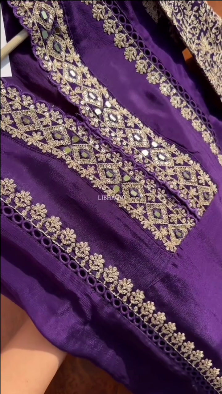 Dark Purple Chinon Heavy embroidered & Pearl Work Straight Suit with Beautiful Duppata - Image 7