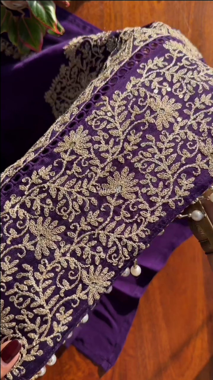Dark Purple Chinon Heavy embroidered & Pearl Work Straight Suit with Beautiful Duppata - Image 8