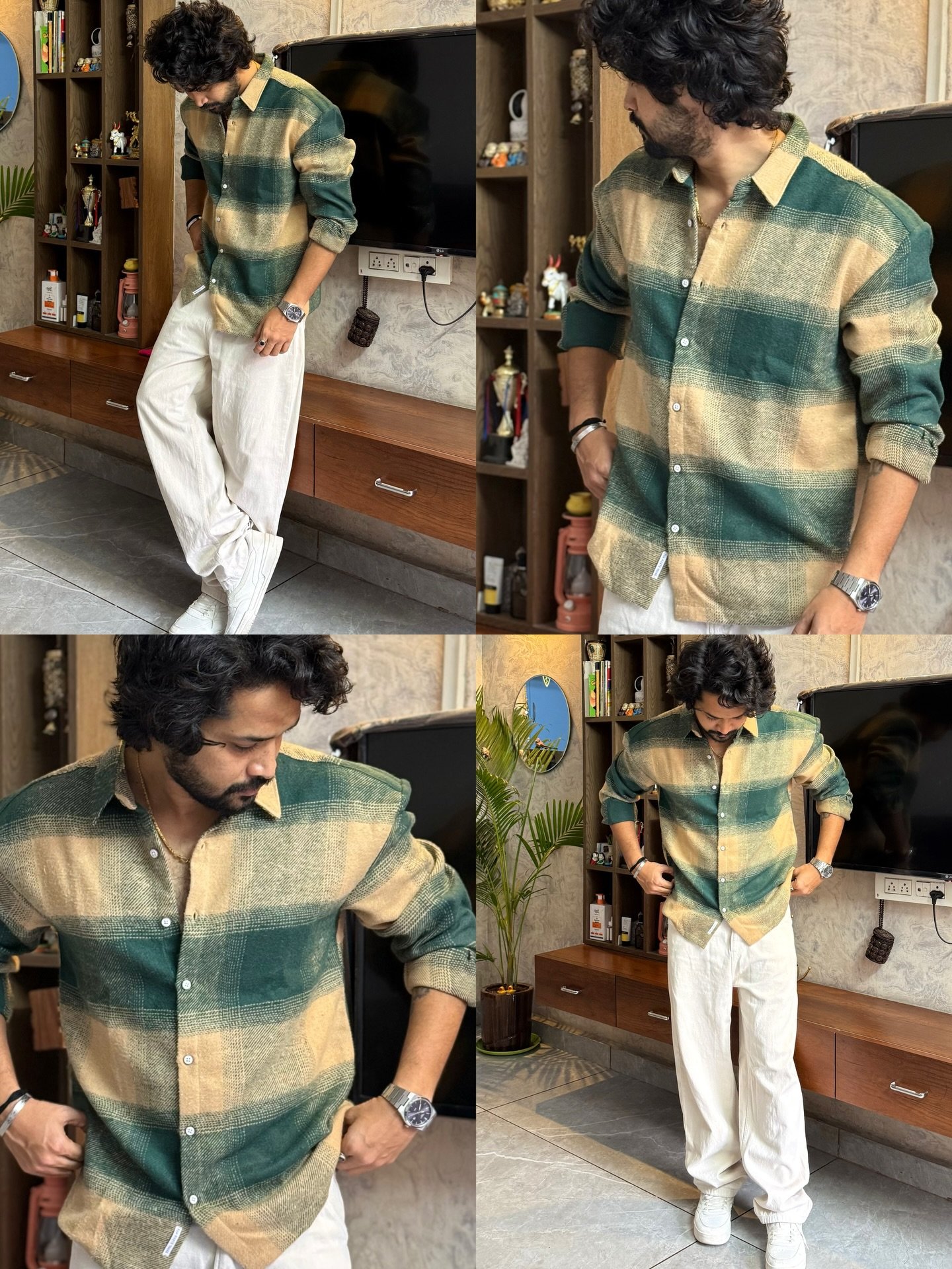 Men’s "Aurora Plaid" Heavyweight Flannel – Oversized Teal & Sand Ombré Check