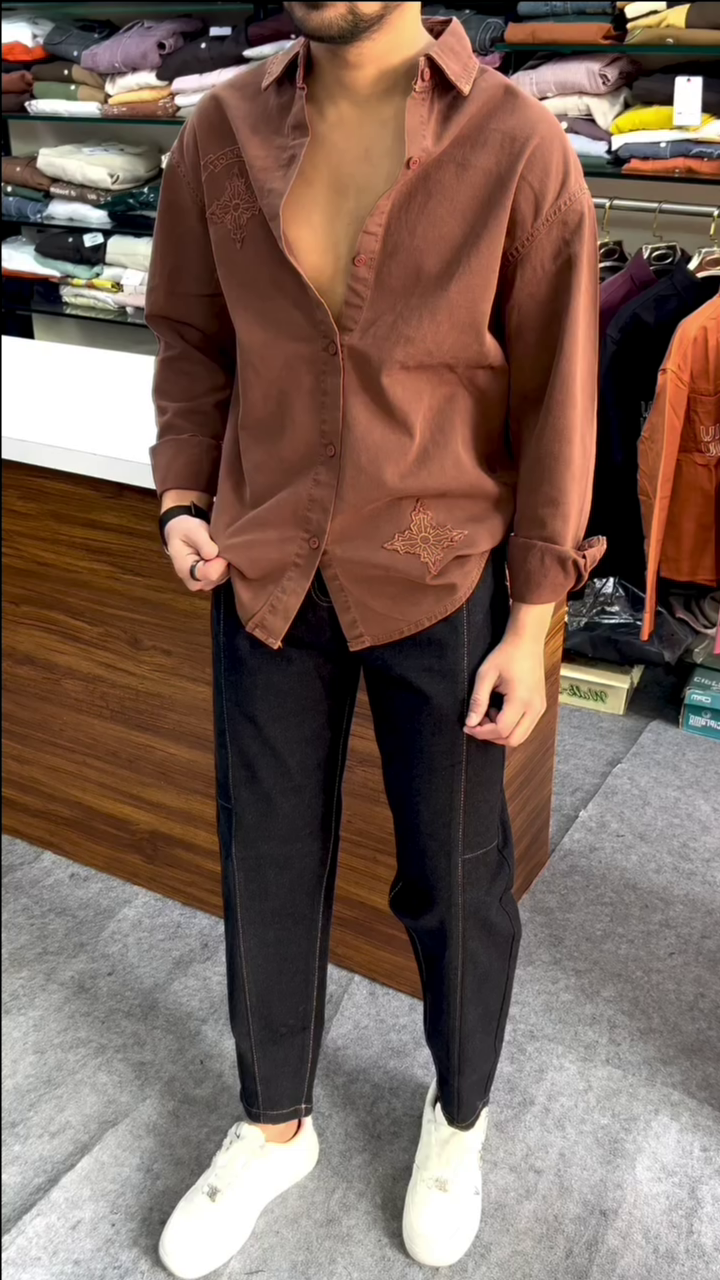 Rust Brown Embroidered Relaxed Fit Casual Shirt