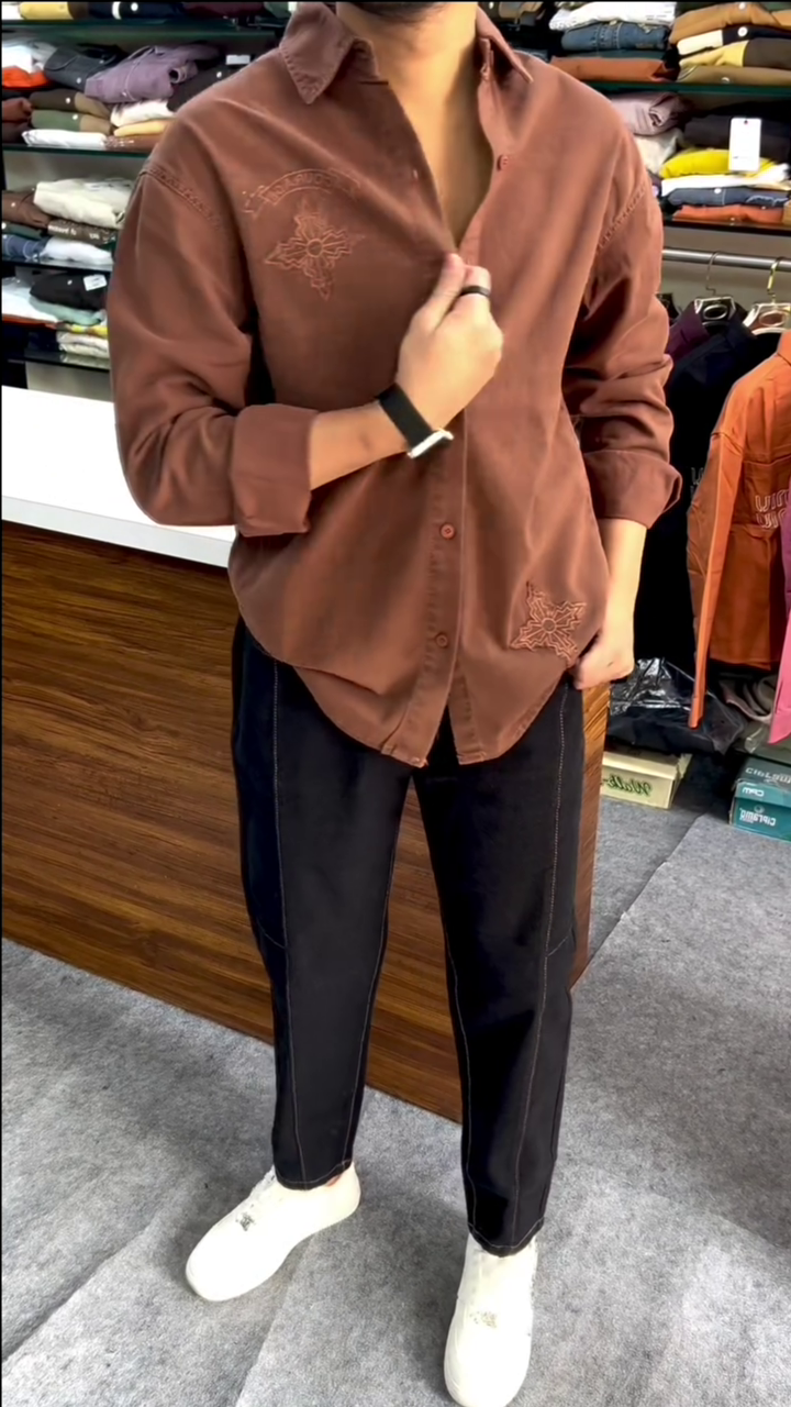 Rust Brown Embroidered Relaxed Fit Casual Shirt - Image 2