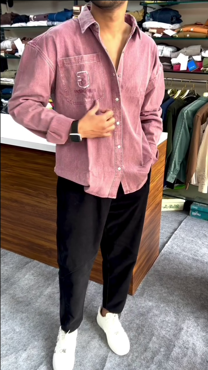 Dusty Pink Washed Denim Relaxed Fit Shirt - Image 3