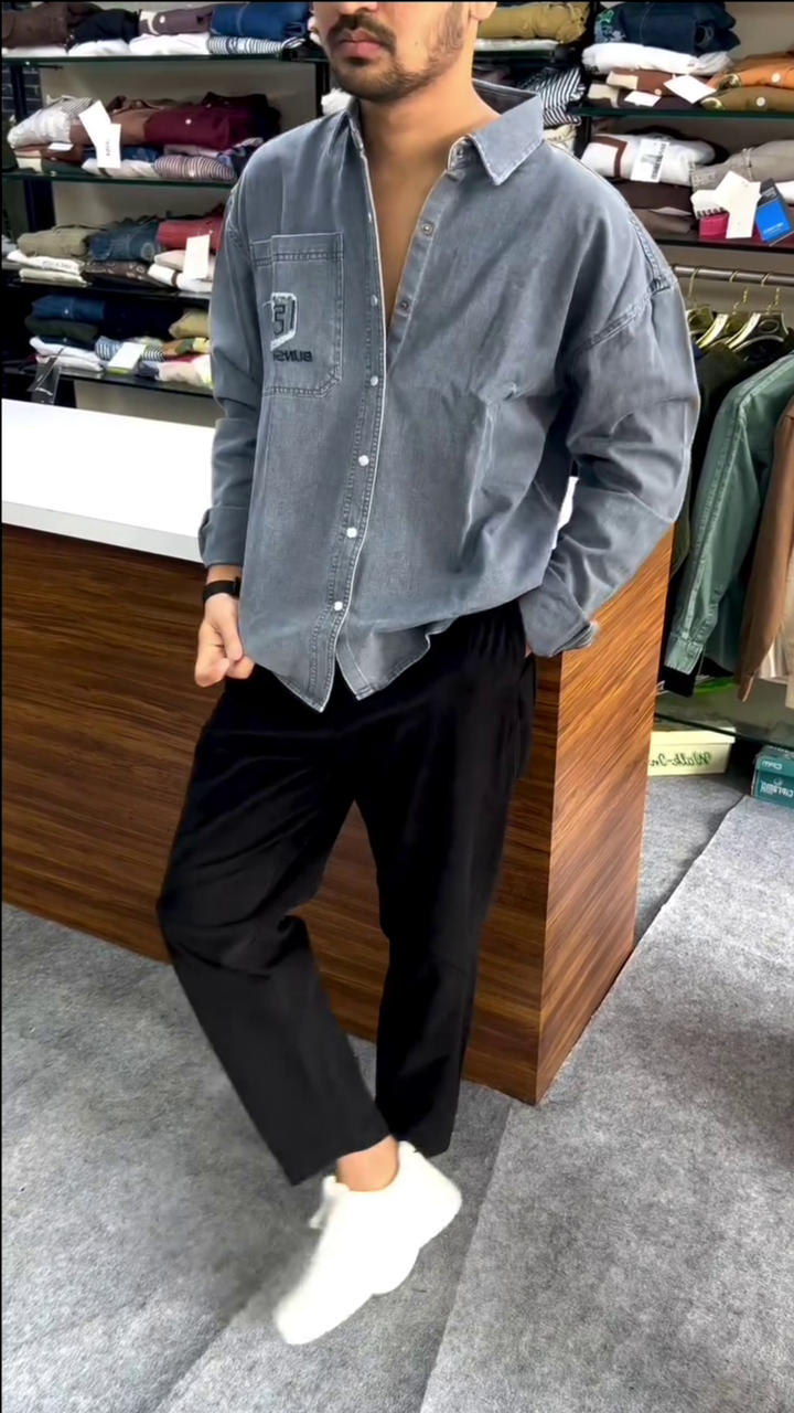 Men’s Slate Grey "Urban Nomad" Oversized Acid-Wash Denim Shirt