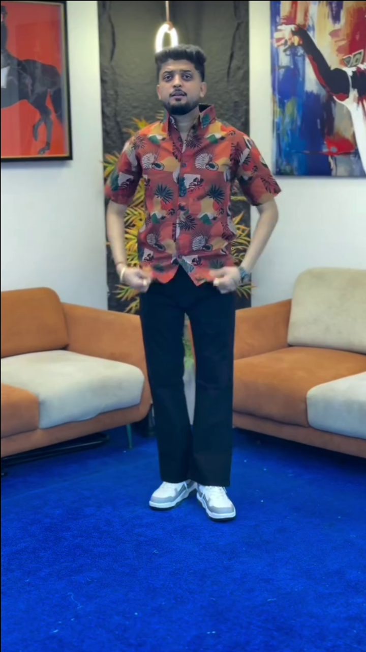 Men’s "Sunset Oasis" Botanical Print Shirt – Premium Earth-Tone Abstract Motif