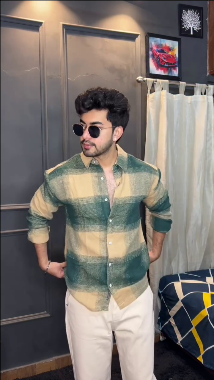 Men’s "Aurora Plaid" Heavyweight Flannel – Oversized Teal & Sand Ombré Check - Image 2