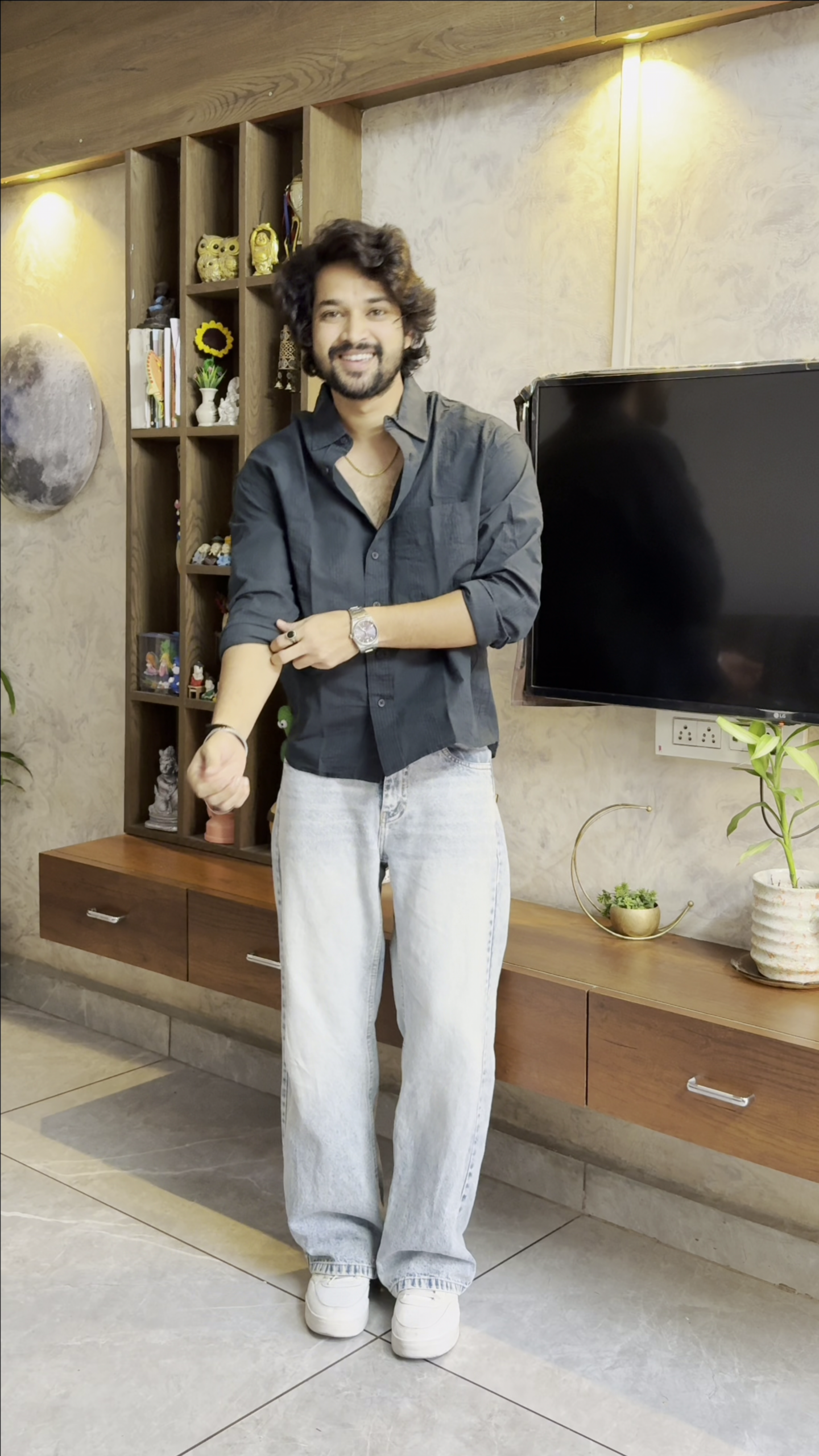 Men’s "Amazonian Grid" Relaxed-Fit Shirt – Hand-Inspired Geometric Block Print in Olive, Mustard & Plum - Image 2