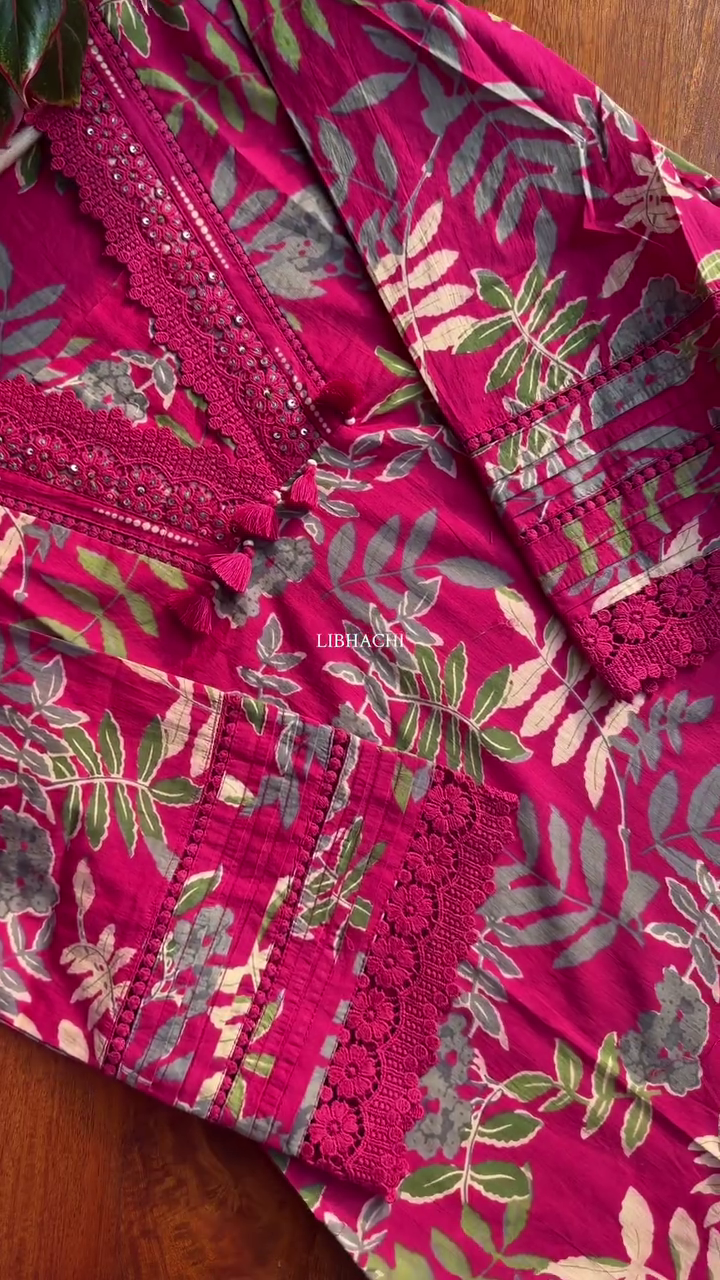 Pure Cotton Dark Pink Yolk Embroidery Kurta Set