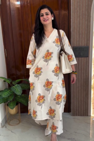 Off White Floral Printed Kurta Pant Set
