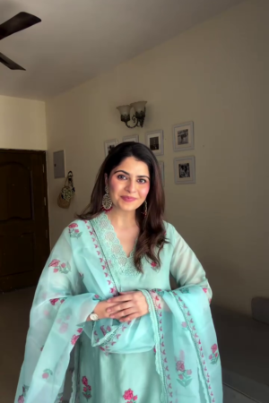 Aqua Blue Embroidered Three Piece Suit Set
