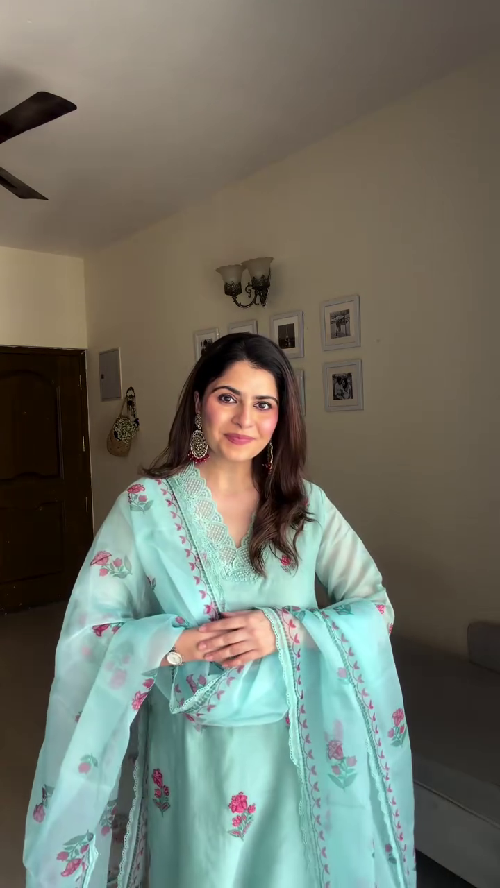 Aqua Blue Embroidered Three Piece Suit Set