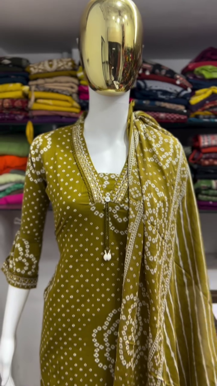 Olive Green Bandhani Print Suit Set - Image 2