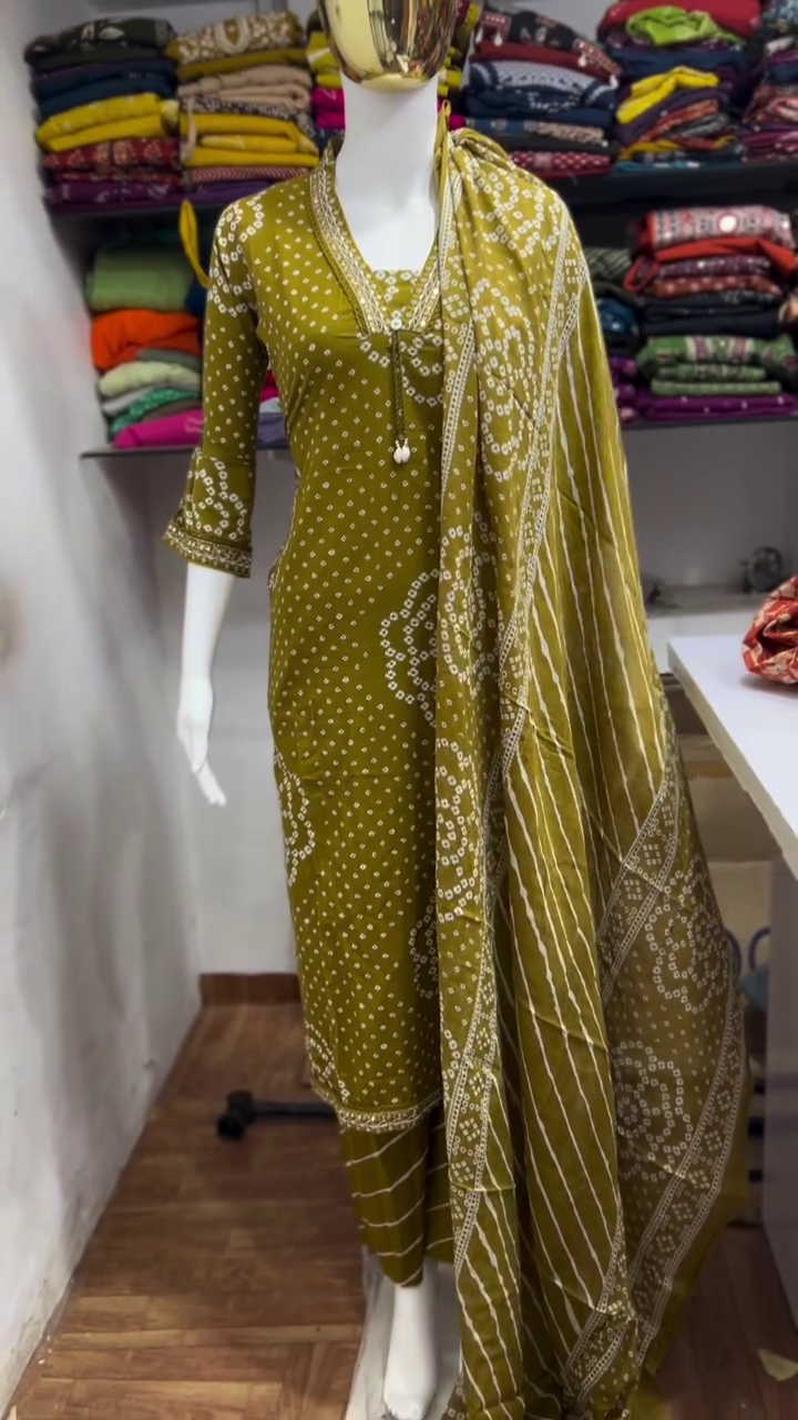 Olive Green Bandhani Print Suit Set