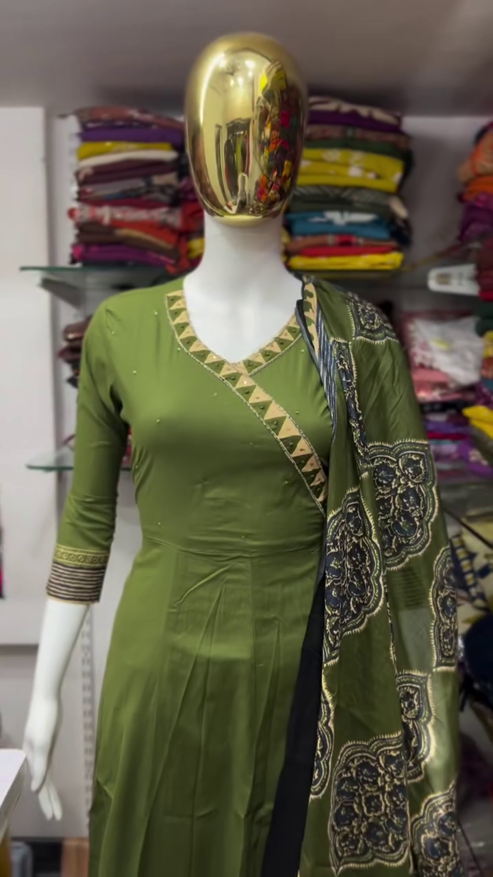 Olive Green Angrakha Style Suit Set - Image 2
