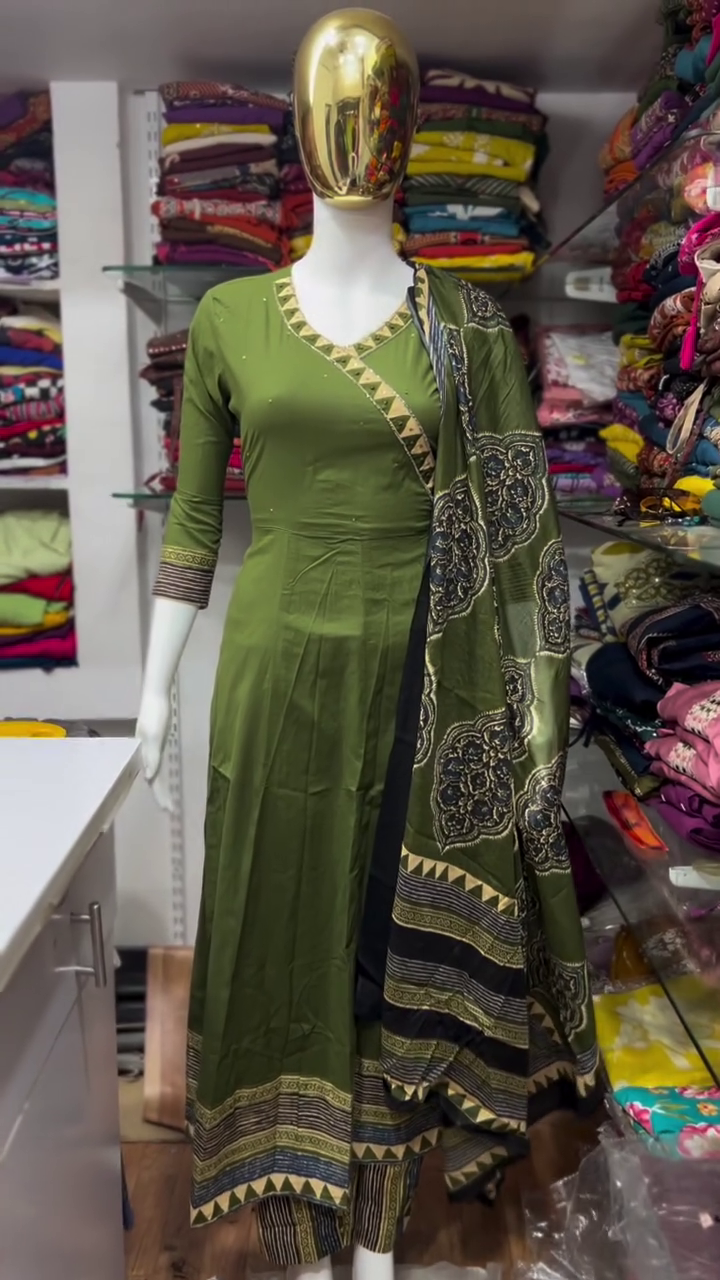 Olive Green Angrakha Style Suit Set