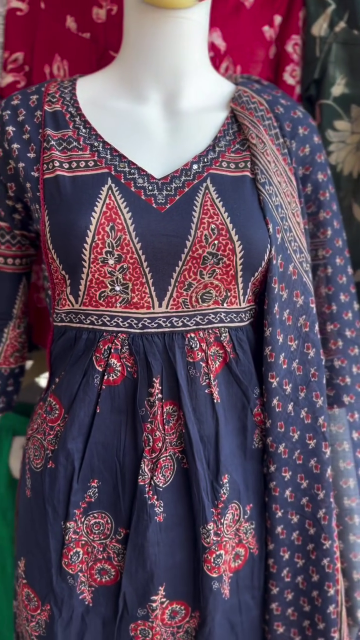 Navy Blue Ethnic Print Suit Set - Image 2